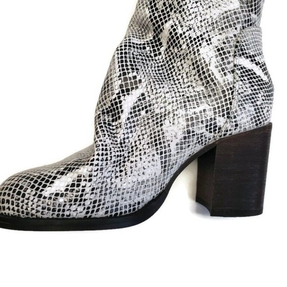 Free People Leather Boot Sz 6 Elle Block Heel Slouchy Zip Black White Snakeskin - Picture 5 of 10